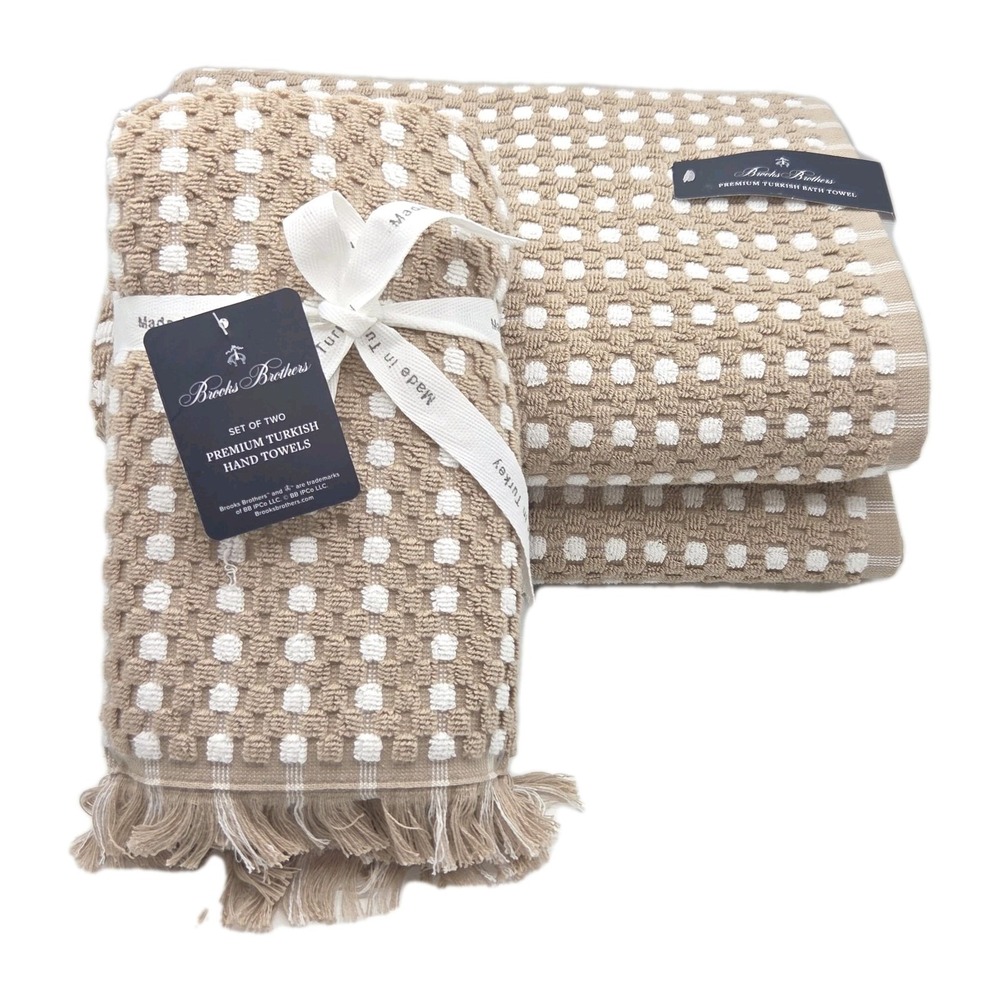 Brooks Brothers 4pc Turkish Cotton Towel Set Tan & White Raised Dots 2Bath 2Hand
